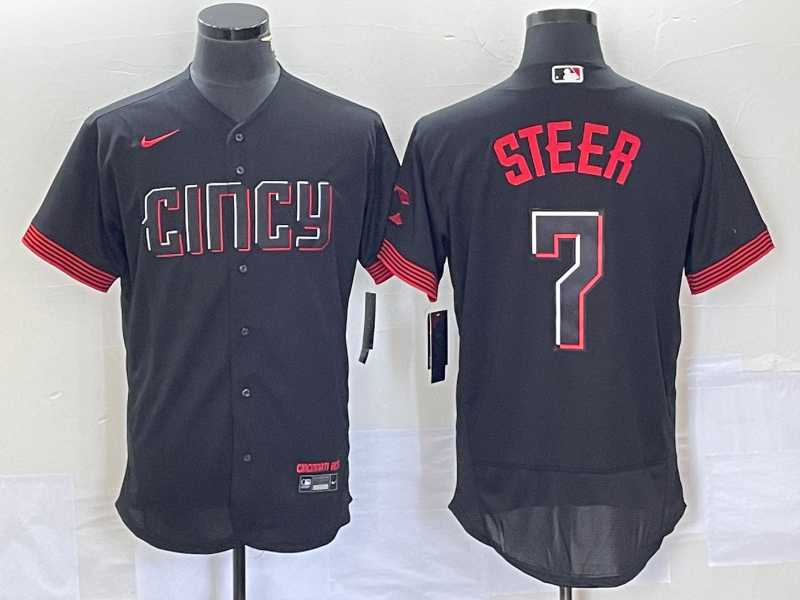 Mens Cincinnati Reds Spencer Steer Black 2023 City Connect Flex Base Stitched Jersey 1